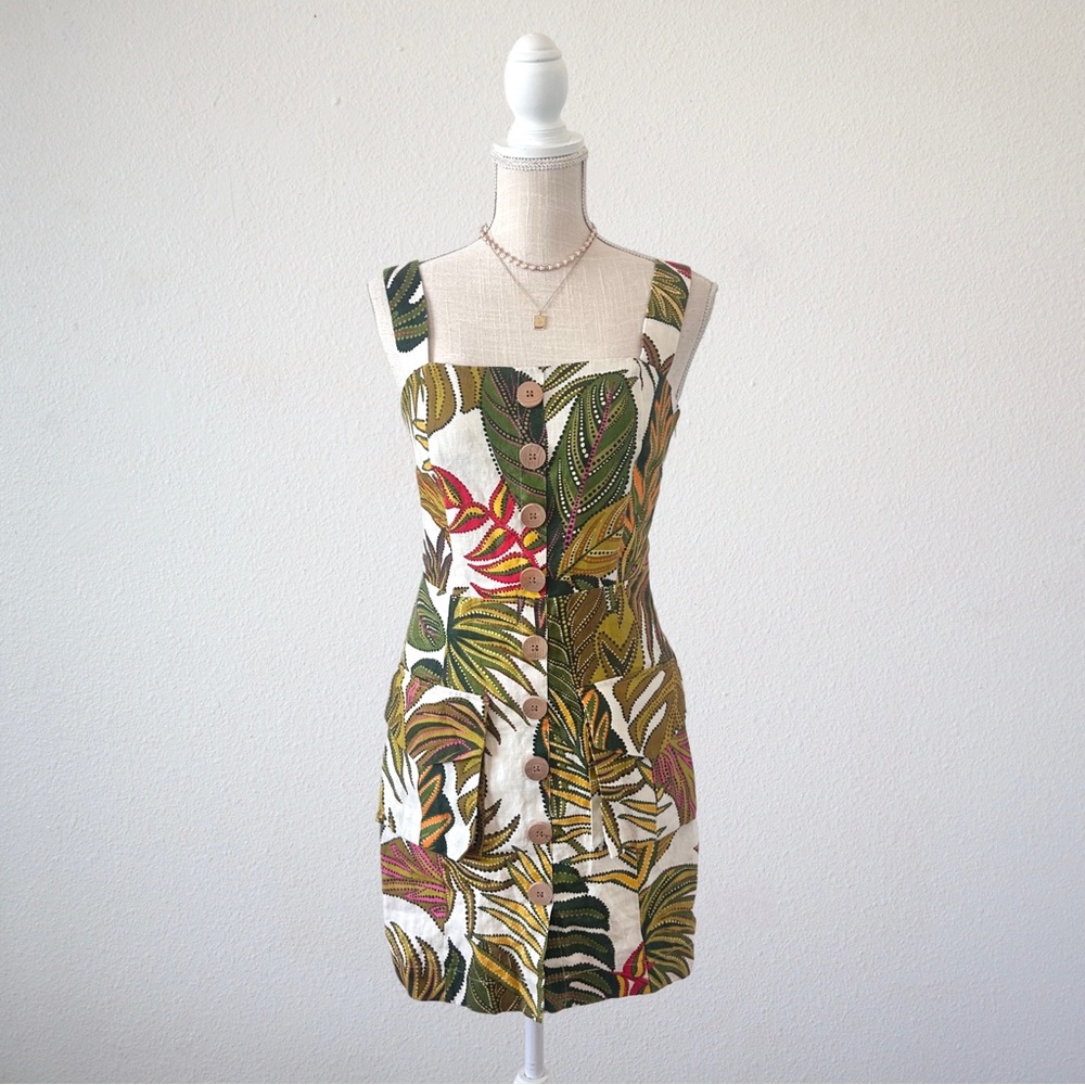Farm Rio linen spotted leaves utility mini dress